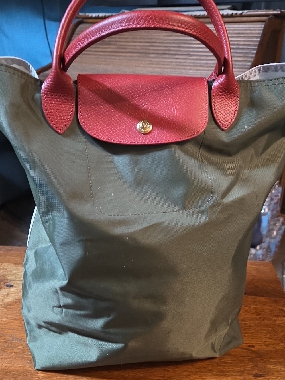 Longchamp Olive Tote with Red Leather Trim